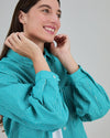 Denim Stripes Cropped Overshirt Green