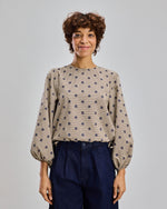 Pixel Flowers Puffy Sleeves Blouse Ecru