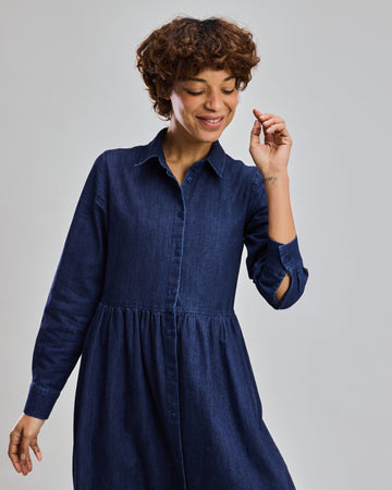 Slub Denim Straight Midi Dress